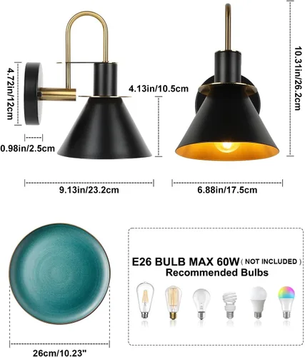 Miniatura 3 de WILON Juego de dos apliques de pared dorados y negros, lámpara de pared moderna de granja, lámpara de pared industrial para interiores, para baño