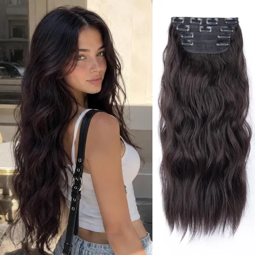 Miniatura 26 de Extensiones de cabello sintético con pinzas, largas y lacias, gruesas, extensiones de cabello natural de fibra de color rubio 613 de doble trama, 20