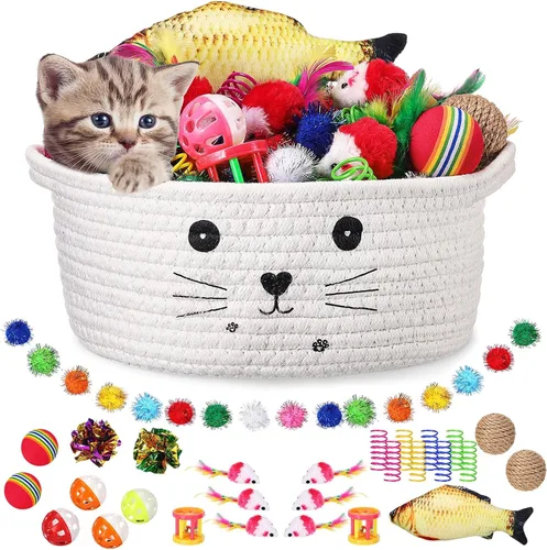 Miniatura 14 de Zopeal - Juego de 58 cestas de almacenamiento para gatos de verano, juguetes de regalo, bolas intermitentes coloridas para mascotas, bolas Negro