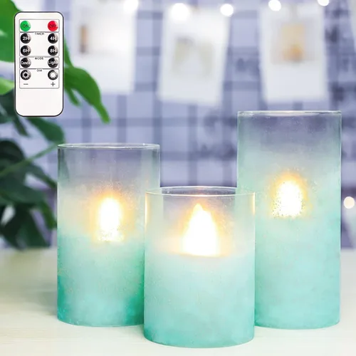 Velas azules sin llama con control remoto de vidrio aguamarina hechas a mano, velas de chorro de arena que funcionan con pilas, velas LED
