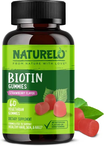 NATURELO Gomitas de biotina - Apoya el cabello, la piel y las uñas saludables - Alta potencia 2500 mcg - Sin OMG, sin gluten - 60 gomitas