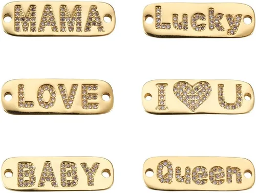 FASHEWELRY 6 estilos de conectores motivacionales de palabras y mensajes, micro pavé de circonita cúbica rectangular con palabras inspiradoras