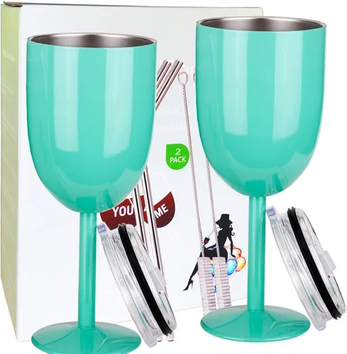 AMZUShome Copas de Vino de Acero Inoxidable (Paquete de 2). Tazas de Vino Aisladas al Vacío de Doble Pared con Tapa y Popote. Regalos de Amistad,