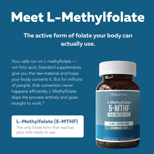 Miniatura 3 de L metilfolato 7.5 mg más metilo B12 - Forma activa 5-MTHF, suplemento MTHFR - Folato metilado listo para torrente sanguíneo + coactor B12 - Apoya