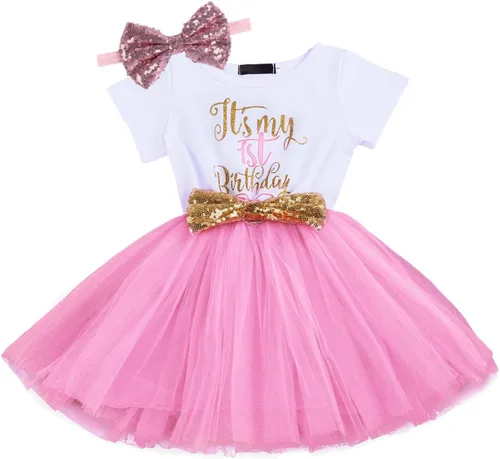 Miniatura 2 de Vestido de tutú de tul con lazo de lentejuelas para recién nacido, con corbatín y texto en inglés "It's My 1st2nd Birthday" para la fiesta