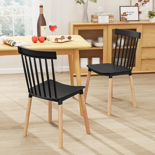 Miniatura 9 de Giantex Juego de 4 sillas de comedor Windsor, modernas sillas de cocina negras con respaldo de husillo y asientos curvos, patas de madera maciza