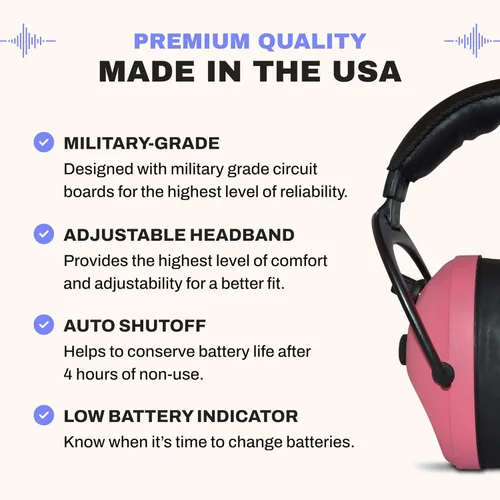 Miniatura 8 de Pro Ears Orejeras Gold II 26, NRR 26, protección auditiva de grado militar con compresión DLSC; sellos de gel y apagado automático Rosado