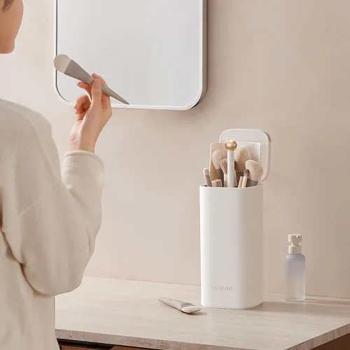 Miniatura 2 de Soporte de cepillo de maquillaje de elevación automática con tapa a prueba de polvo organizadores cosméticos para tocador-blanco
