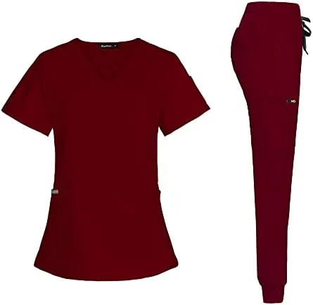 niaahinn Conjunto de traje médico para mujer, moderno top con cuello en V y pantalones deportivos de pierna cónica con cordón, conjunto de uniformes
