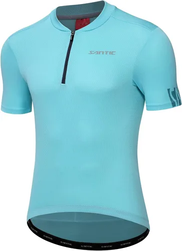 Santic Camiseta de ciclismo para hombre, manga corta, con 3 bolsillos traseros, media cremallera, transpirable, absorbe la humedad, secado rápido