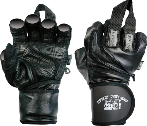 Epic - Guantes de cuero para gimnasio con muñequeras integradas de 2 pulgadas de ancho, el mejor agarre y diseño para levantamiento de pesas, Negro