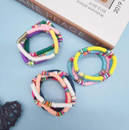 Miniatura 7 de CASDAN 14 pulseras Heishi para mujer con cuentas de disco de vinilo arco iris Srting Stack pulsera surfista cuerda elástica pulseras verano playa