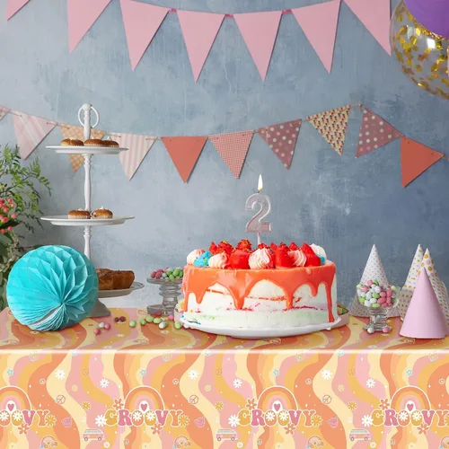 Miniatura 6 de Tiamon 3 manteles de plástico con diseño de arco iris y estilo hippie retro para mesa rectangular, desechables, margaritas y flores de arco iris