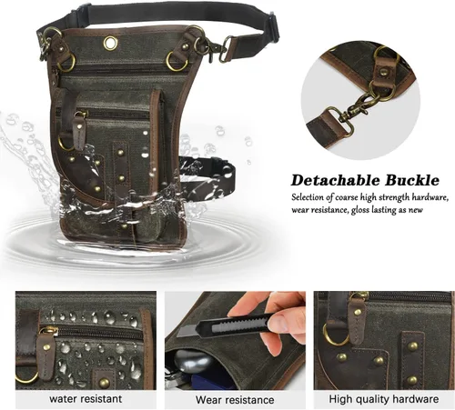 Miniatura 4 de Handadsume Lona resistente al agua + cuero para motocicleta, viajes, riñonera de viaje, bolsa de pierna para hombres y mujeres FB2141, 2141-El verde