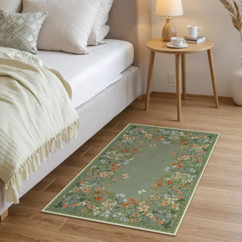 Miniatura 2 de Wonnitar Alfombra de área lavable de 2 x 3, alfombra de entrada floral verde, alfombra bohemia pequeña antideslizante para baño, alfombra suave