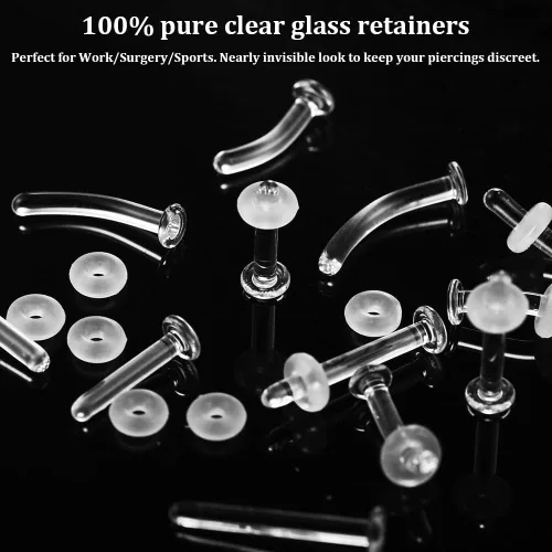 Miniatura 3 de 12pcs Glass Piercing Retainers Set for Work/Surgery/Sports, 18g 16g 14g Curved Clear Nose Studs for Cartilage Tragus Conch Daith Helix Lip Nose