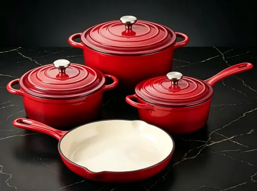 Miniatura 12 de QuliMetal Juego de utensilios de cocina de hierro fundido esmaltado antiadherente, sartén - juego de 7 piezas de ollas y sartenes con tapa, olla