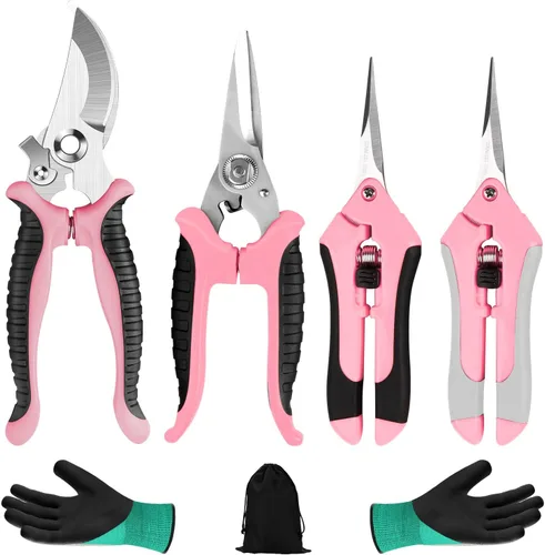 4 paquetes de tijeras de podar para jardín, con cuchillas de acero inoxidable, tijeras manuales de podar con guantes de jardinería (Rosa)