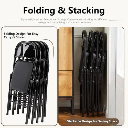 Miniatura 7 de DUMOS Paquete de 12 sillas plegables acolchadas de cuero, asiento comercial apilable portátil para interiores y exteriores con marco de acero, Negro