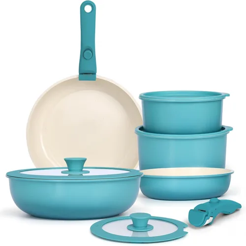 Miniatura 12 de GiPP Juego de 5 piezas de ollas y sartenes antiadherentes, juego de utensilios de cocina antiadherentes con mango desmontable, ollas de cerámica