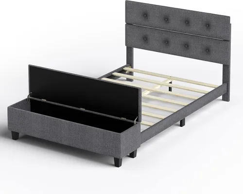 Miniatura 9 de Giantex Base de cama matrimonial con almacenamiento otomano, base de cama tapizada de lino con cabecero capitonado con botones y 4 patas de soporte