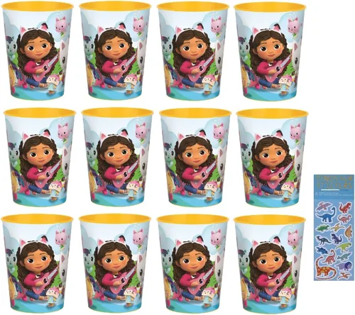 Unique Gabbys - Paquete de suministros para fiesta de cumpleaños de casa de muñecas que incluye vasos de plástico reutilizables, 12 unidades