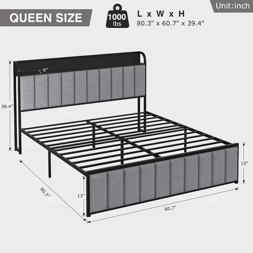 Miniatura 2 de VECELO Queen Bed Frame, Storage Upholstered Headboard with Charging Station, Platform Bedframe, Heavy Duty Metal Slats, No Box Spring Needed
