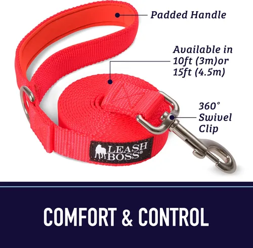 Miniatura 2 de Leash Boss Correa para perro de 10 pies con mango acolchado, correa larga para senderismo, campamento, explorar o caminar (10 pies, negro/rojo/gris)