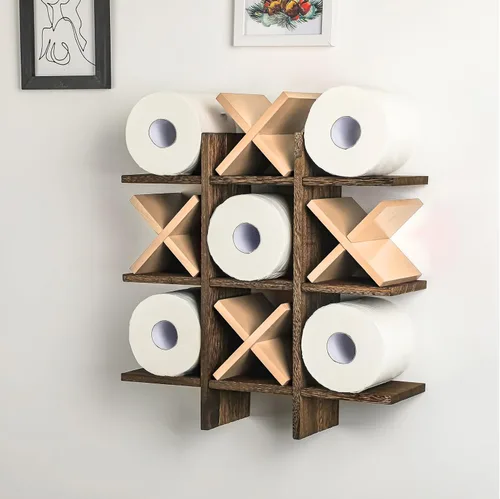 Weysat Soporte de Papel Higiénico Tic Tac Toe Decoración de Pared de Baño Almacenamiento Colgante de Madera Rústica Estantes Independientes Montados
