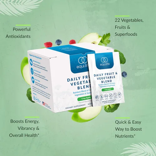 Miniatura 3 de Equilife Suplemento diario de frutas y verduras, 22 frutas, verduras y superalimentos para apoyar la energía y la salud general, fibra, sin azúcar