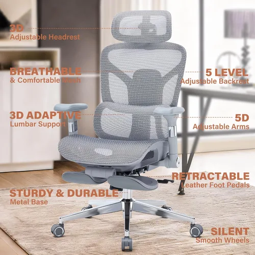 Miniatura 3 de Silla de oficina ergonómica con reposapiés, silla de escritorio de malla resistente de 400 libras, reposabrazos 5D, lumbar 3D, respaldo de 5 Gris