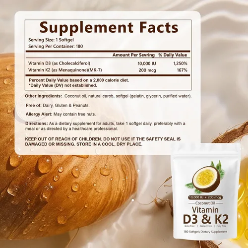 Miniatura 8 de Naturals D3 K2, Vitamina D3 10000 UI + K2 200 MCG, Vitamina D3 y K2 Cápsulas blandas de aceite de coco para hueso, salud inmunológica, aumenta