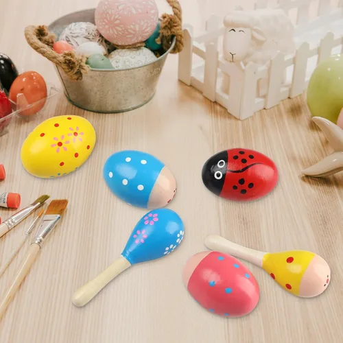 Miniatura 4 de Juego de cocteleros de huevos de madera de Pascua (6 piezas), 4 huevos de Pascua y 2 maracas Instrumentos de percusión de mano para práctica