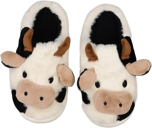Pantuflas de vaca, pantuflas para mujeres y hombres, bonitas pantuflas mullidas, pantuflas kawaii de dibujos animados de algodón de felpa de