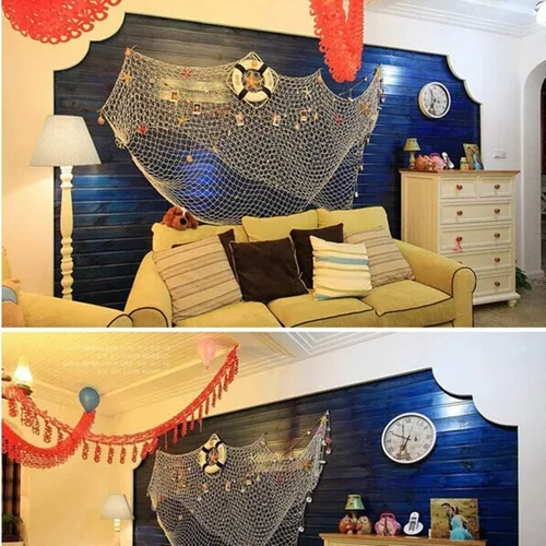 Miniatura 6 de Red de pesca natural de 79 x 59 pulgadas con conchas, decoración de pared con temática oceánica, red de pesca para fiesta en la playa, boda