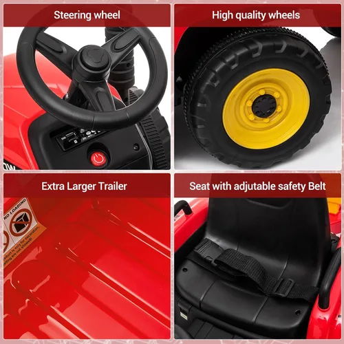 Miniatura 3 de SEHOMY Tractor de Power Wheels Rojo con Remolque, Carro Montable para Niños Pequeños con Control Remoto, 7 Faros LED, Motor Dual, Batería de 12V