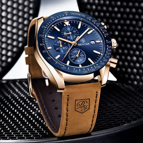 Miniatura 3 de BENYAR - Relojes de cuarzo para hombre cronógrafo de lujo impermeables a la moda de cuero marrón para hombre
