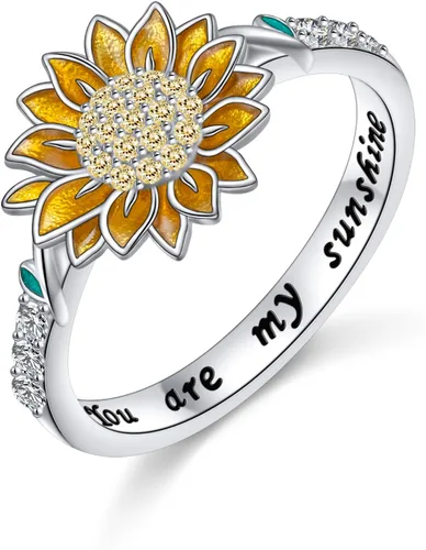 Anillo de girasol de plata de ley 925 con circonita cúbica con texto en inglés "You are My Sunshine", anillos de flores para mujeres, mamá, esposa,