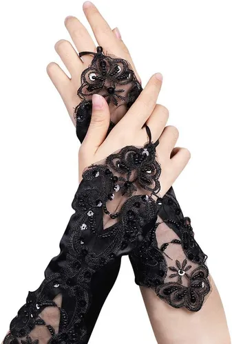 Miniatura 2 de HAOZAIKEJI - Guantes de encaje floral sin dedos, guantes de novia con lentejuelas para mujer, ropa de mano, boda, graduación, fiesta, mitón vintage