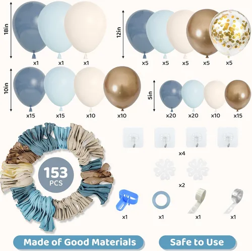 Miniatura 2 de Amandir Kit de arco de guirnalda de globos azul polvoriento, 153 piezas, diferentes tamaños de 18, 12, 10, 5 pulgadas, globos de látex azul blanco