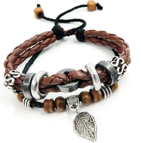 Miniatura 29 de Suyi brazalete ajustable con varias capas, de cuero tejido trenzado con cruz. Pulsera tipo esclava.