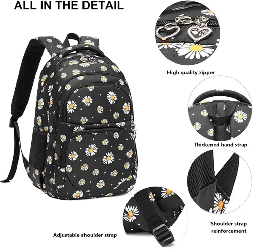 Miniatura 3 de goldwheat Mochilas impresas margaritas con paquete de almuerzo, estuche de lápices 3pcs, bolsa ligera resistente al agua para la escuela secundaria