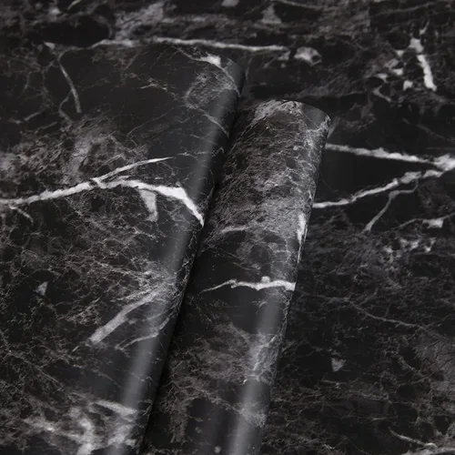 Abyssaly Papel tapiz de granito de mármol negro de 17.7 x 196 pulgadas y papel de madera negra para despegar y pegar de 11.8 x 78.7 pulgadas