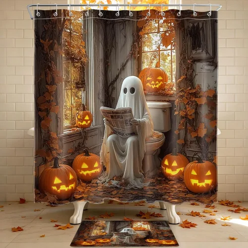Miniatura 22 de HVEST Cortina de ducha de Halloween, linterna de calabaza y gnomo, cortina de ducha de baño, cortina de ducha de murciélago y araña, decorativa