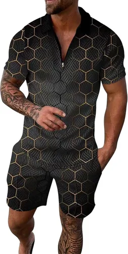 Conjunto deportivo casual de manga corta para hombre, conjunto de bloques de color, cuello con punta y cremallera, 2 piezas