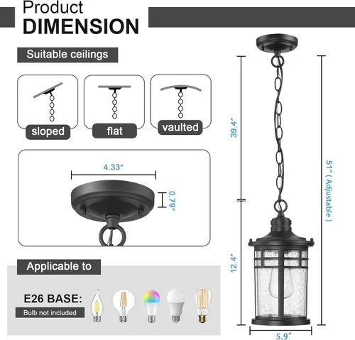 Miniatura 3 de Darkaway Luces Colgantes para Exteriores para Porche, Candelabro para Exteriores Luces Colgantes para Porche Montaje en Techo de Aluminio con Vidrio
