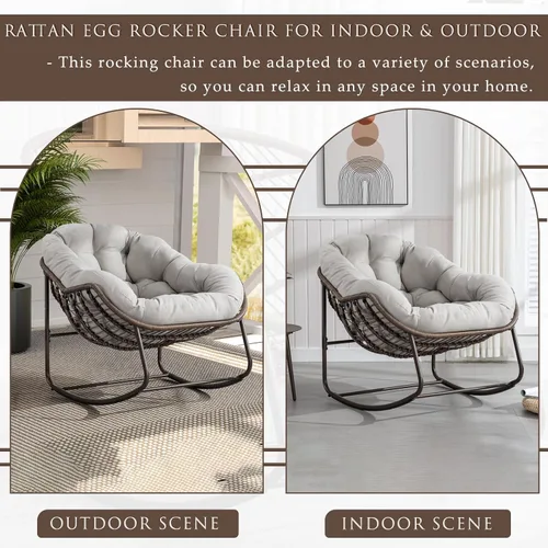 Miniatura 7 de Mecedora para patio al aire libre, cómoda silla mecedora de mimbre con cojín acolchado, silla de ratán de gran tamaño con marco de acero sólido
