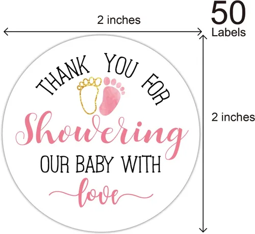 Miniatura 3 de Calcomanías rosadas para baby shower, gracias por duchar a nuestro bebé con amor, recuerdos de baby shower para niñas, 2 pulgadas, paquete de 50