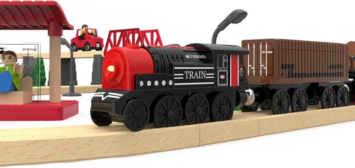 Miniatura 9 de Tren motorizado para pista de madera, juego de 3 piezas de tren de juguete para niños y niñas de 3, 4, 5+ años, tren con batería compatible