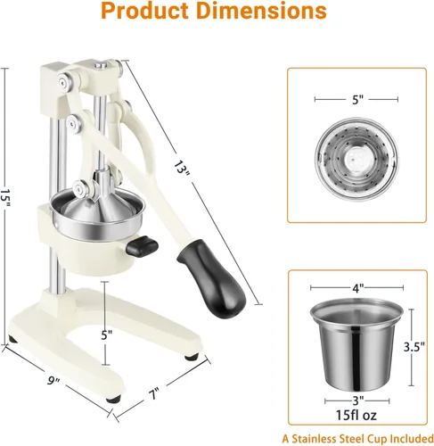 Miniatura 4 de TONGCHANT Exprimidor Manual de Hierro Fundido de Alta Resistencia Prensa de Mano para Granada, Limón, Lima, Cítricos con Taza de Acero Inoxidable